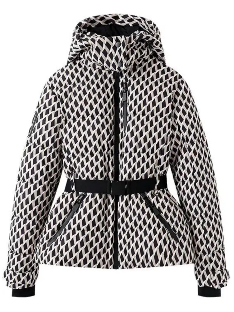 Women's belted puffer jacket with metallic finish, cinched waist silhouette for cozy winter warmth