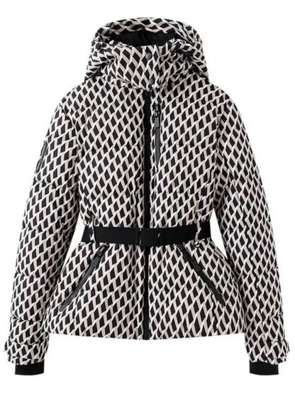 Women's belted puffer jacket with metallic finish, cinched waist silhouette for cozy winter warmth