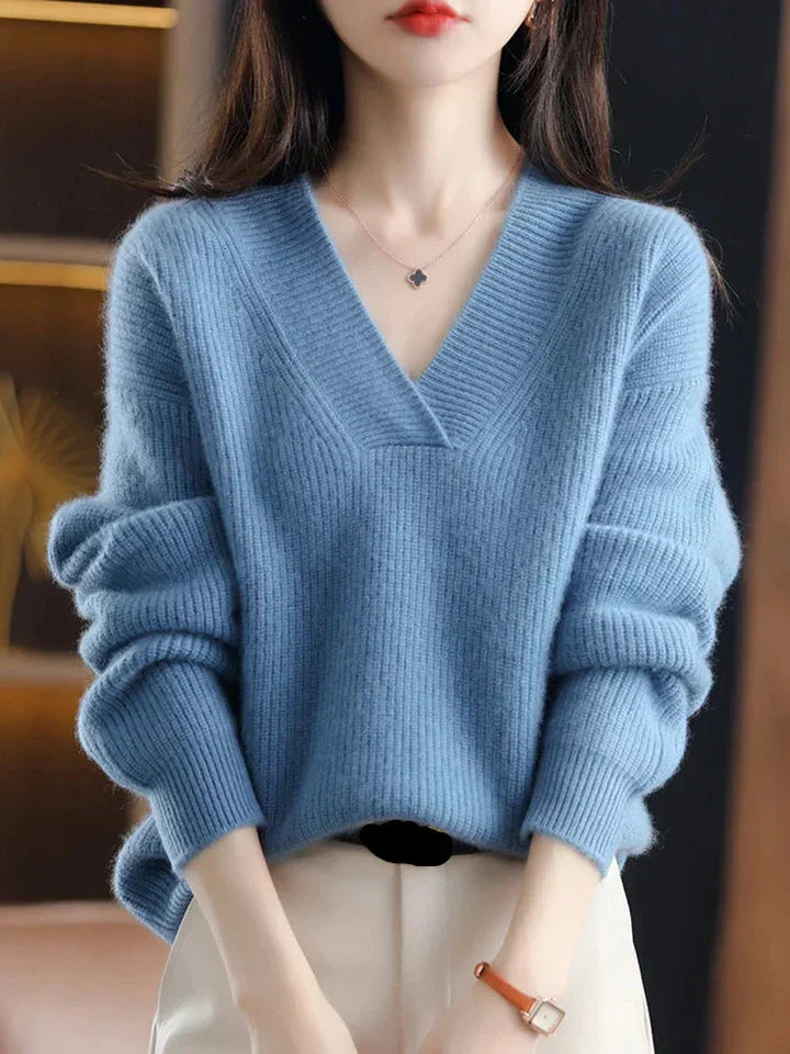Women's soft knit V-neck pullover sweater, relaxed fit with ribbed trim detail
