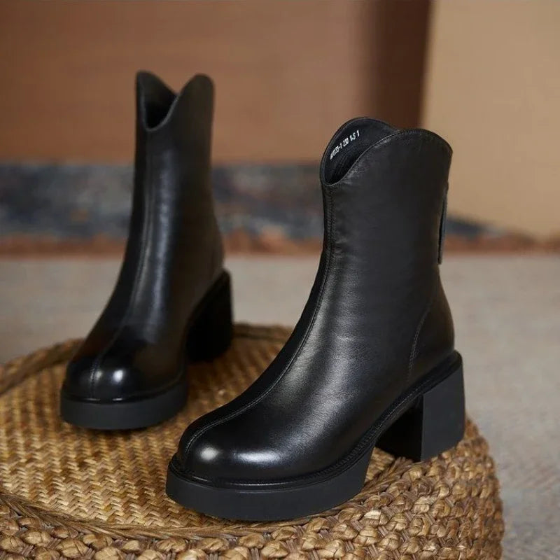Women's vegan leather Chelsea ankle boots with chunky heel in classic black sleek finish