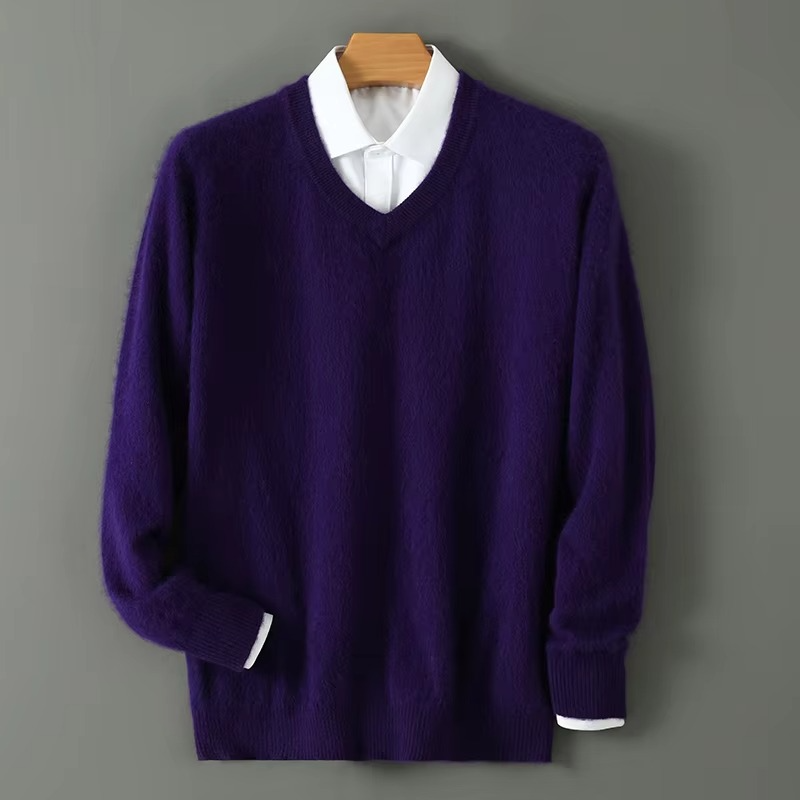 Men's cashmere blend V-neck knit pullover, loose fit, lightweight warmth for plus size winter wear