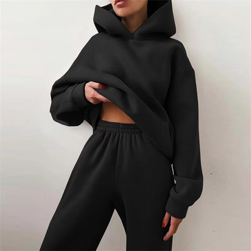 Women's oversized hoodie tracksuit set in casual fall tones, long pants, brushed interior two-piece lounge
