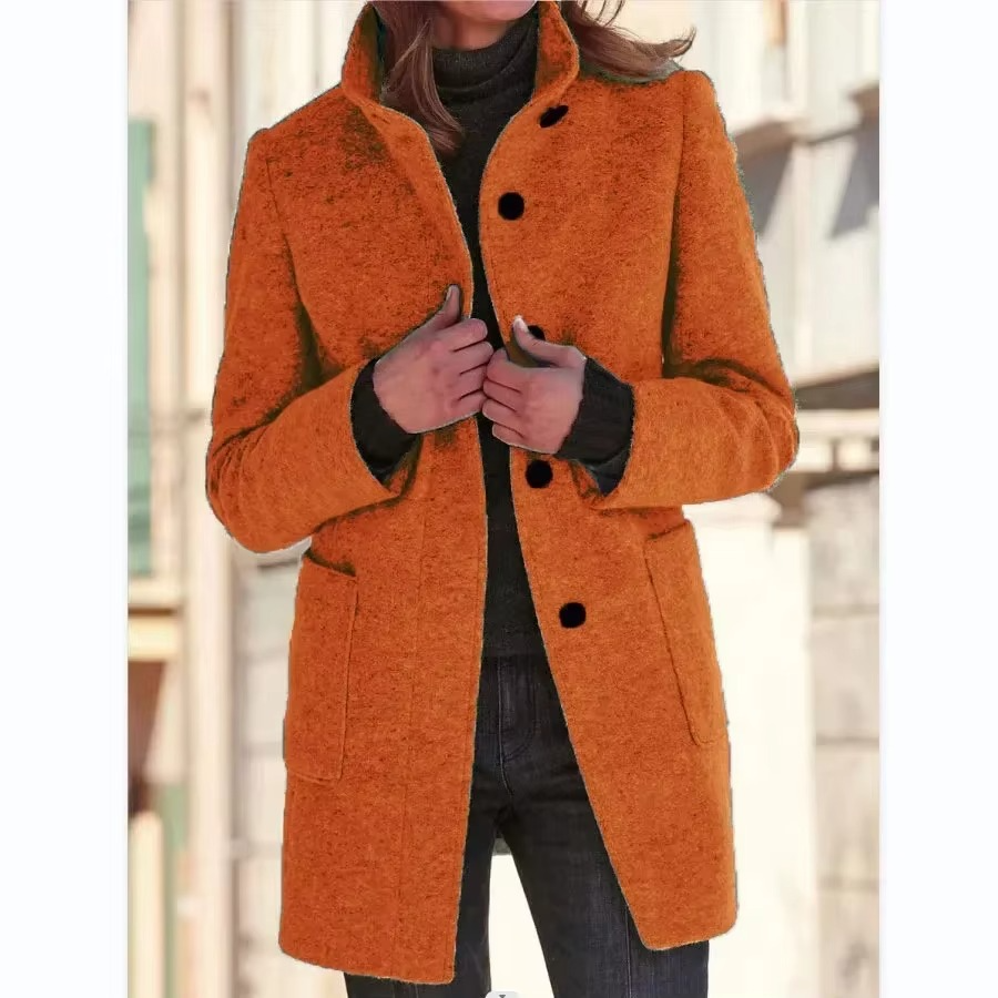 Women's casual cotton coat with stand collar, long sleeves, and functional pockets for spring