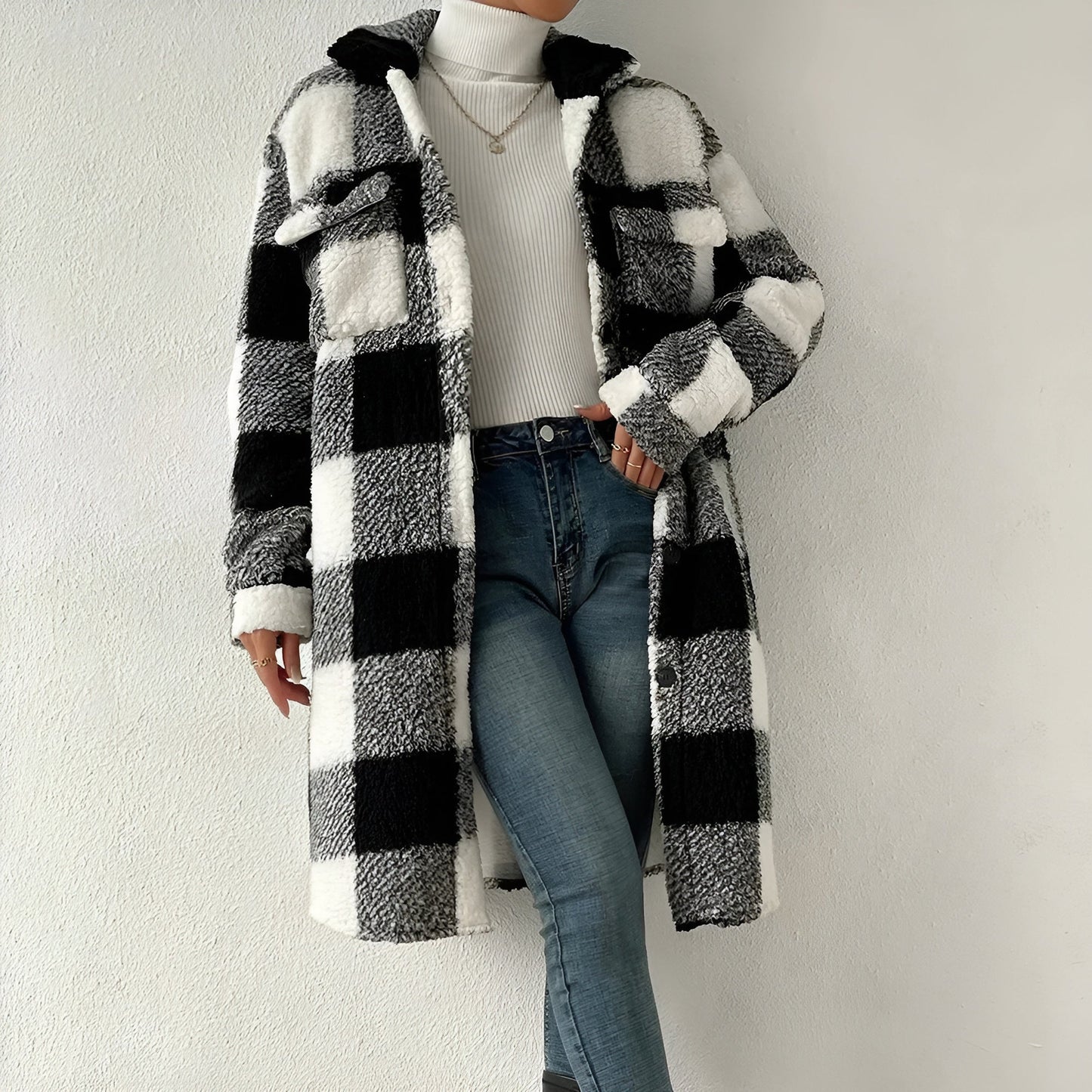 Estella women's plaid fleece open trench coat, cozy fall layering piece in classic checked pattern