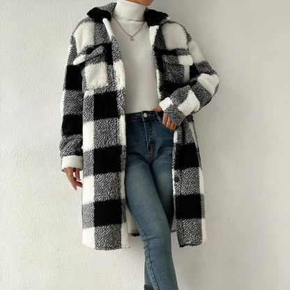 Estella women's plaid fleece open trench coat, cozy fall layering piece in classic checked pattern