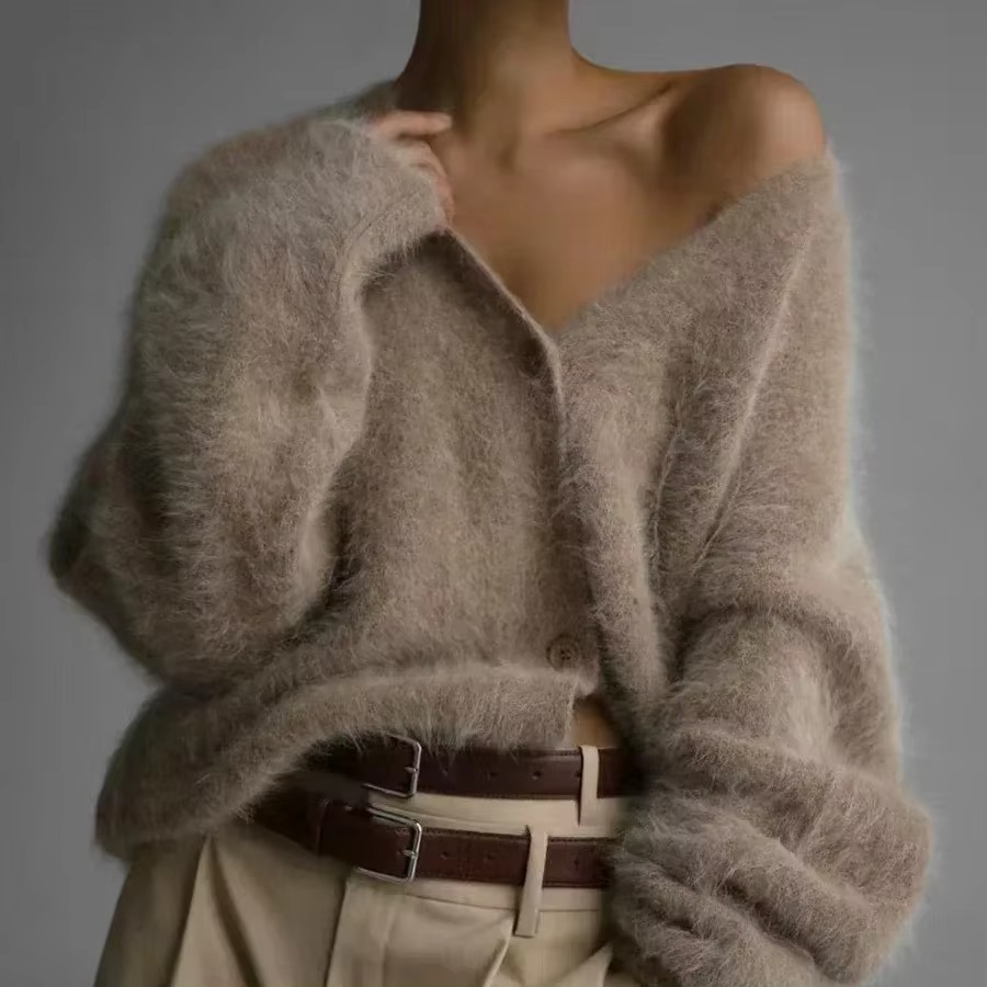 Women's oversized knit cardigan in cozy V-neck button-down sweater coat with plush draping silhouette