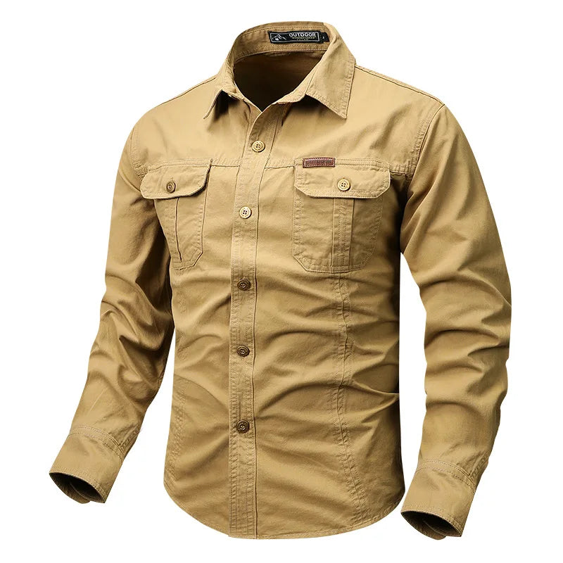Men's olive utility button-down shirt with durable fabric and multiple utility pockets for outdoor use