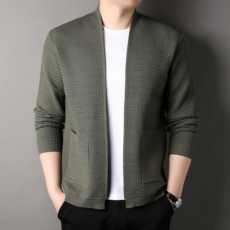 Men's slim fit beige textured knit cardigan with open-front silhouette and side pockets
