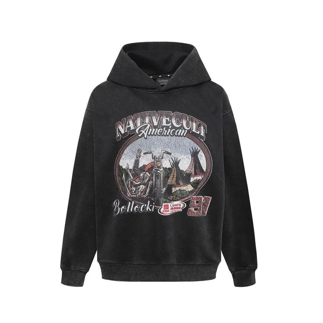 Oversized vintage cotton hoodie with washed-out finish and retro motorcycle graphic print