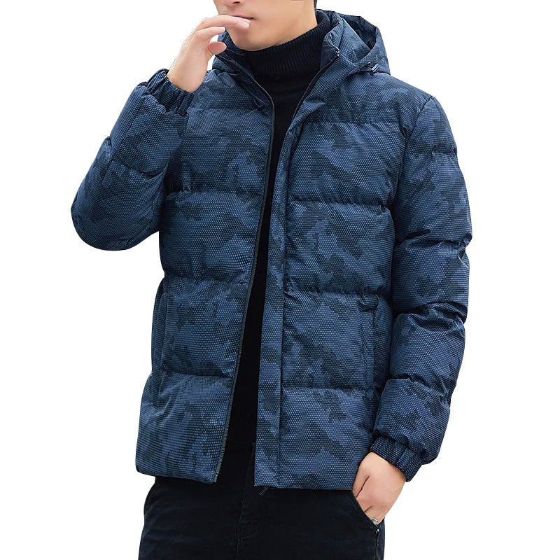 Munich camo hooded jacket with pixelated dark-tone print, tailored insulated fit for cold weather