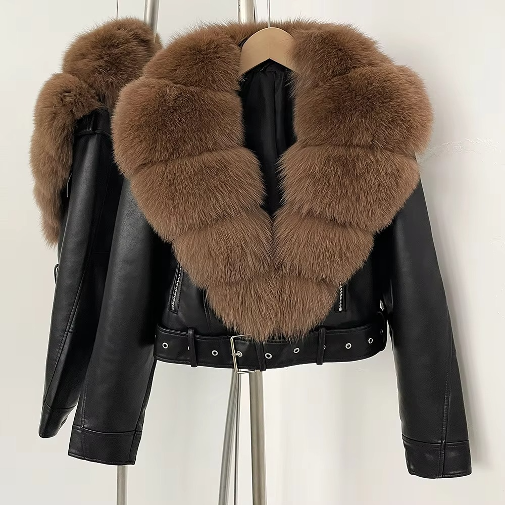 Women's black faux leather coat with plush faux fur collar, elegant slim-fit winter outerwear