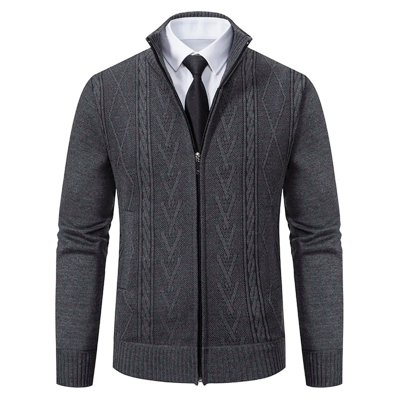 Men's slim fit wool cable knit cardigan sweater full zip stand collar layering essential