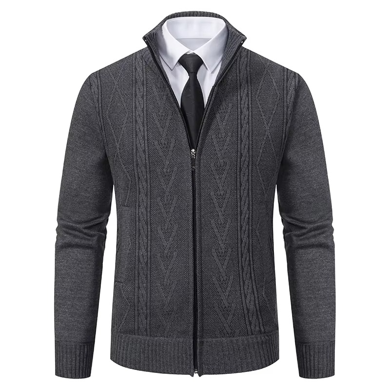 Men's gray cashmere padded knit sweater jacket modern slim fit with insulated interior