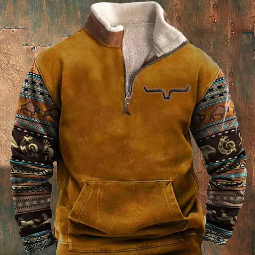 Men's retro 3D printed hooded jacket with leather collar, bold street-style graphic outerwear