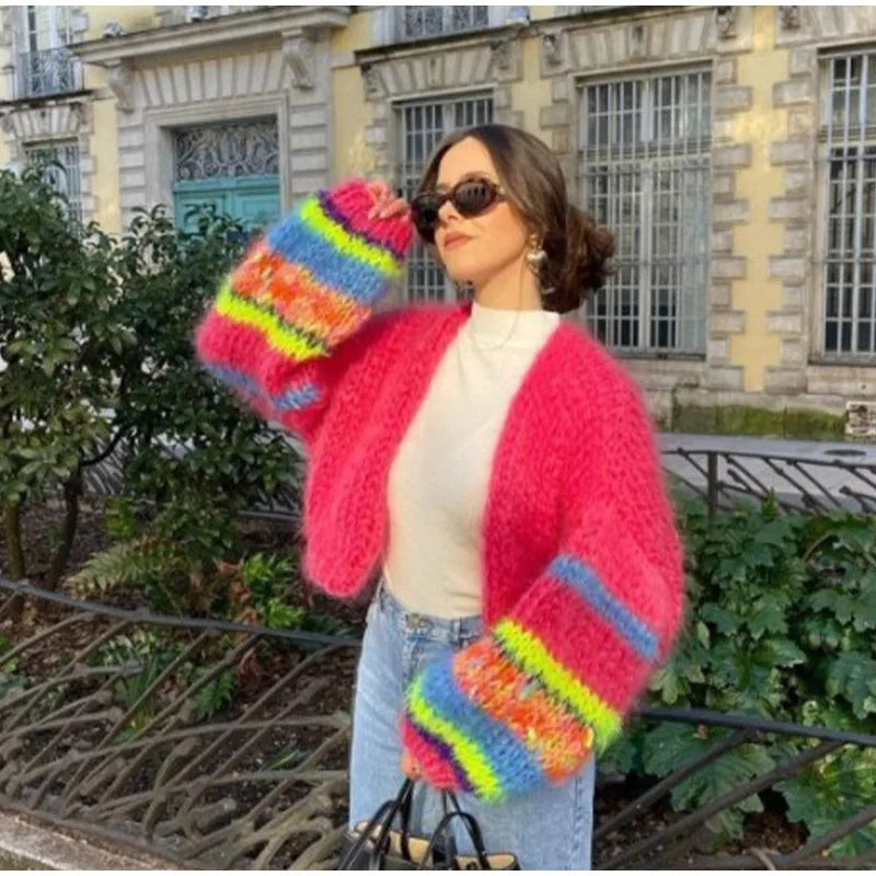 Women's multicolor striped knit cardigan long sleeve relaxed fit cozy winter layering essential