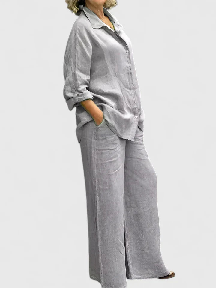 Soft pink linen two-piece set oversized button-down shirt wide-leg pants relaxed minimalist style
