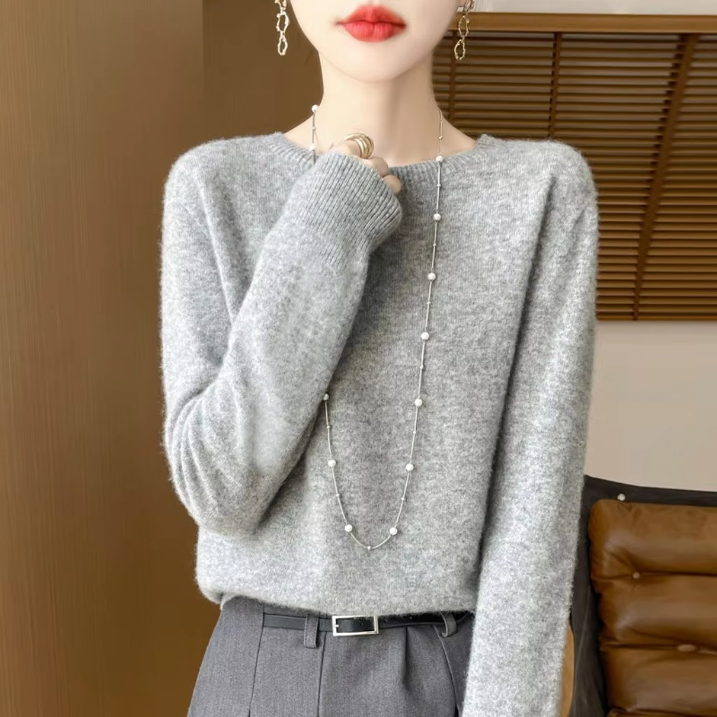 Women's wool blend loose fit crew neck sweater cozy knit essential for fall and winter wardrobe