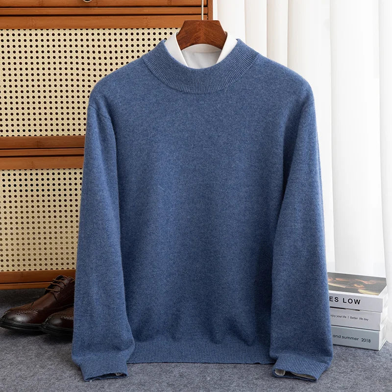 Men's wool pullover sweatshirt loose fit half-high neck ribbed cuffs hem casual style