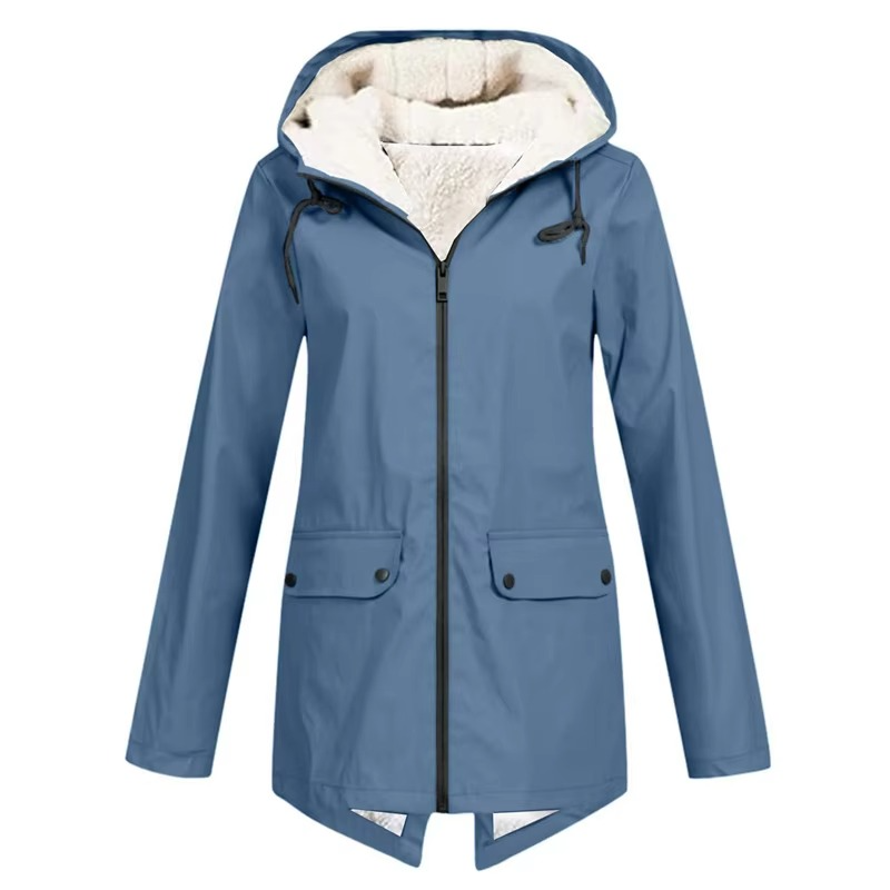 Women's waterproof hooded trench coat windbreaker with velvet lining, sleek all-weather winter outerwear