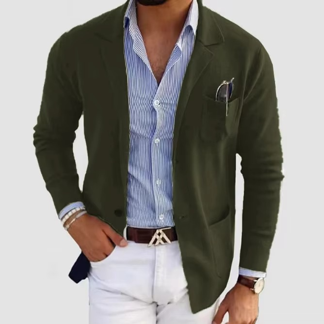 Men's solid color knitted cardigan coat turn-down collar multi-pocket relaxed fit minimalist style