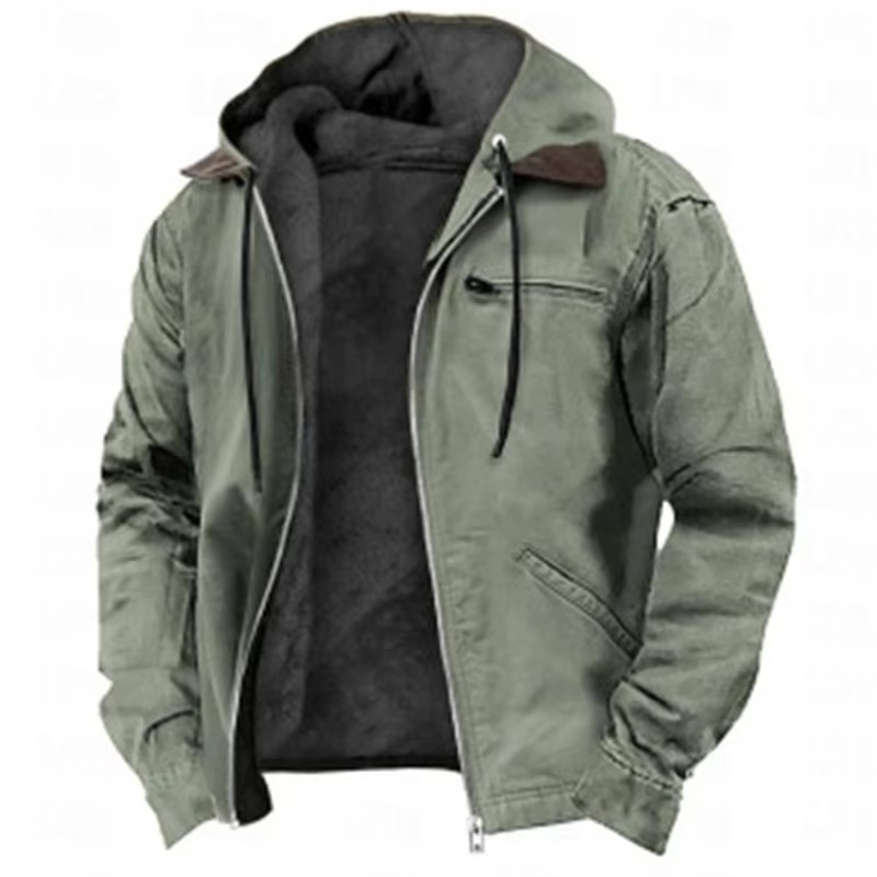 Men's winter fleece hooded jacket with zipper pockets, warm lining, casual outdoor style