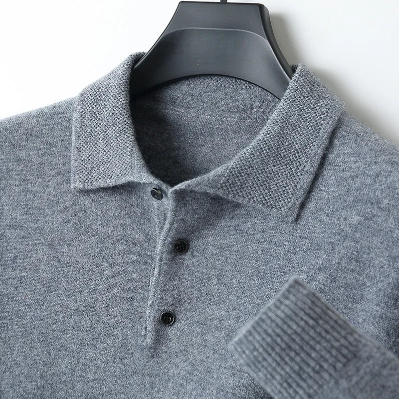 Men's ivory merino wool polo shirt loose fit classic collar lightweight breathable knitwear