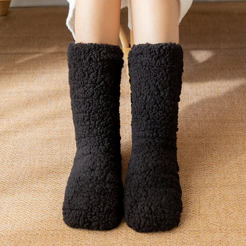 Coraline fuzzy fleece lined mid-calf socks with non-slip bottoms, soft velvety winter loungewear