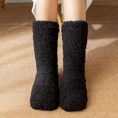 Coraline fuzzy fleece lined mid-calf socks with non-slip bottoms, soft velvety winter loungewear