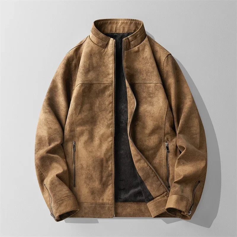 Men's black matte leather jacket stand collar fleece-lined slim fit minimalist premium style
