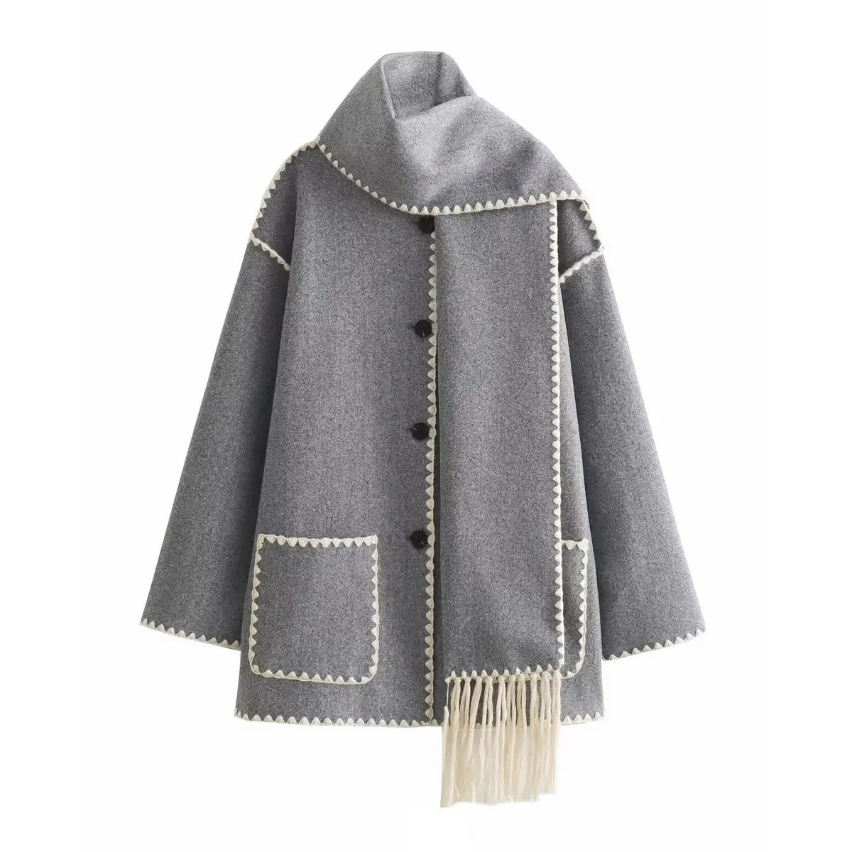 Warm wool blend french coat with integrated scarf and bold contrast whipstitching for winter