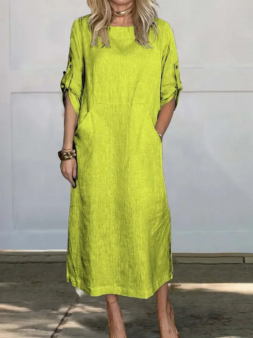 Women's sage green A-line loose draped evening dress with flowing silhouette and relaxed coastal fit