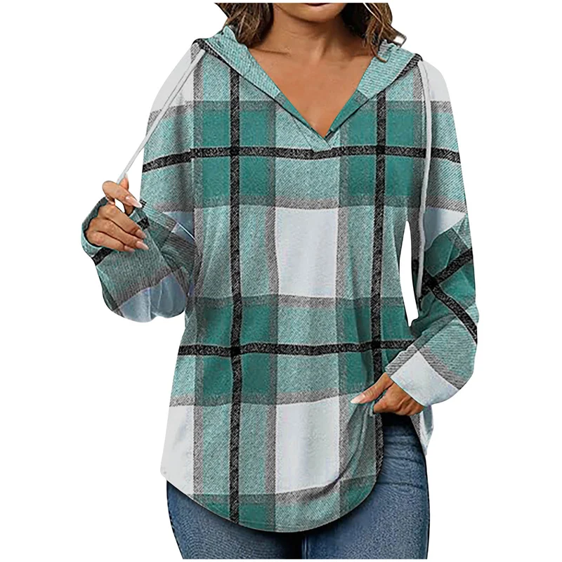 Women's ruby red oversized V-neck hoodie with cozy plaid knit pattern and flattering relaxed fit