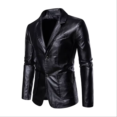 Men's slim fit black leather jacket with sleek suit collar, premium business casual style up to 5XL