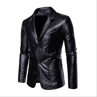 Men's slim fit black leather jacket with sleek suit collar, premium business casual style up to 5XL
