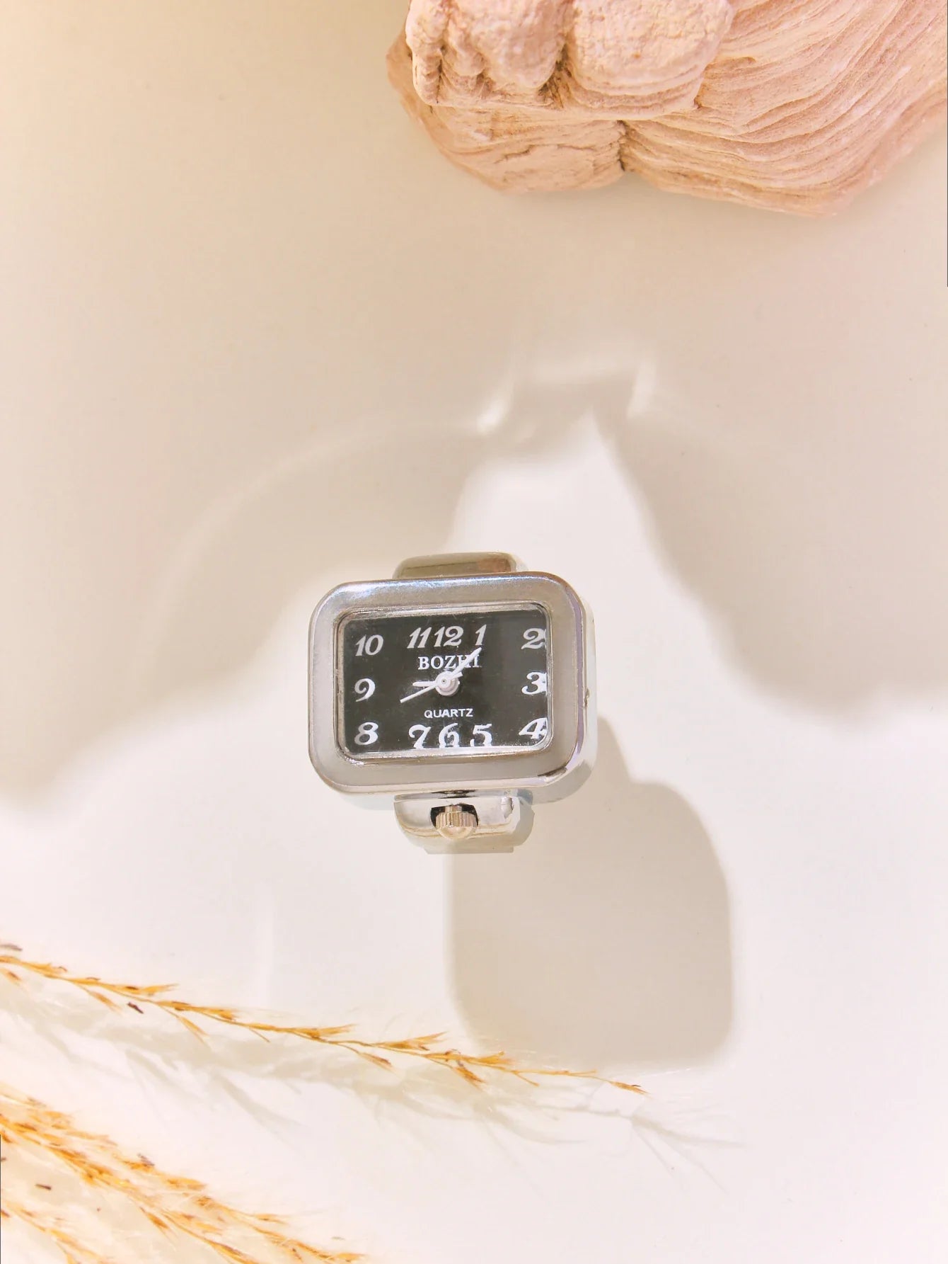 Luna elegant ring watch with dainty square face, rust-resistant, minimalist finger jewelry timepiece