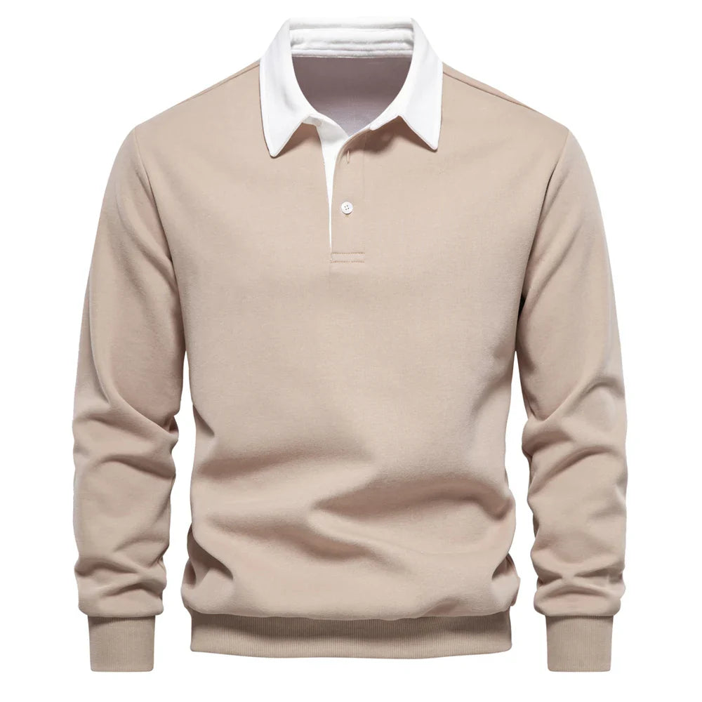 Navy cotton knit polo pullover sweater with white contrast collar, classic smart-casual men's fit