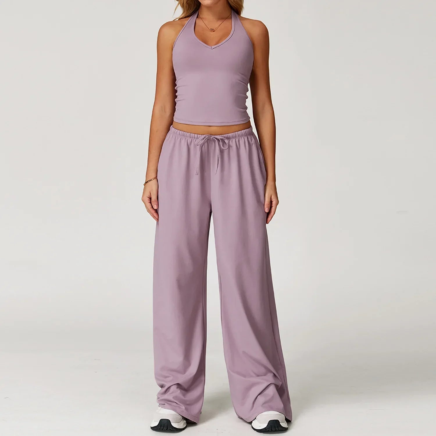 Women's casual wide leg loose fit winter pants in neutral tones, relaxed silhouette with breathable soft fabric