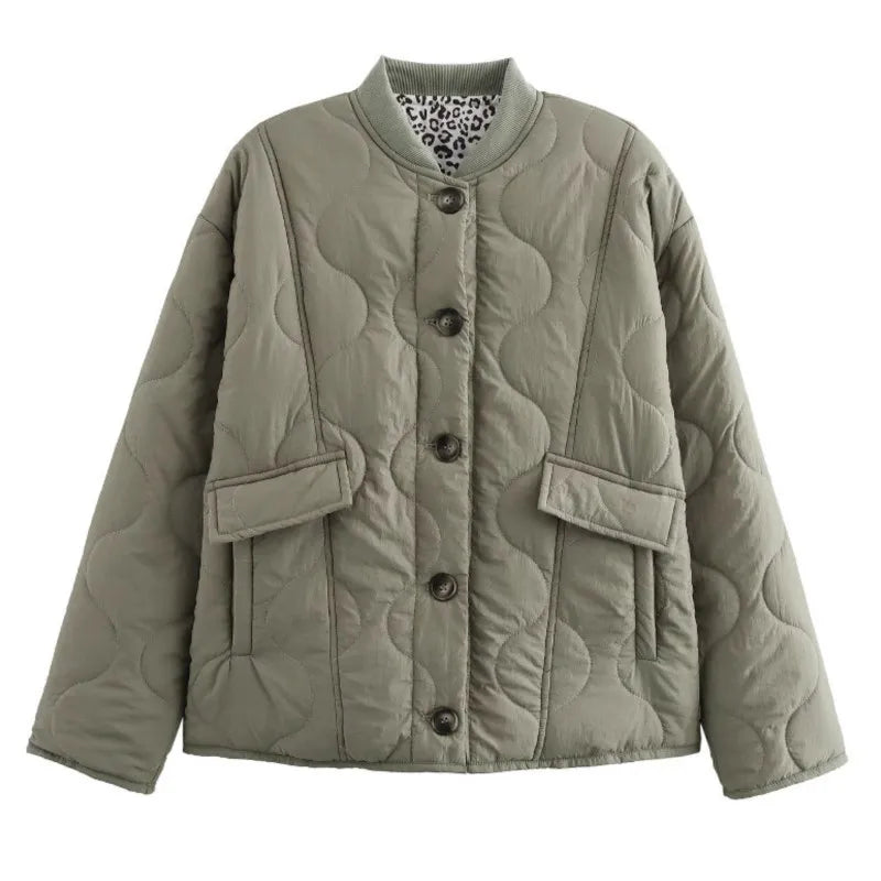 Padded cotton quilted jacket with leopard patchwork sleeves, street-style silhouette in neutral tones