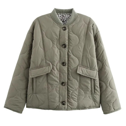 Padded cotton quilted jacket with leopard patchwork sleeves, street-style silhouette in neutral tones