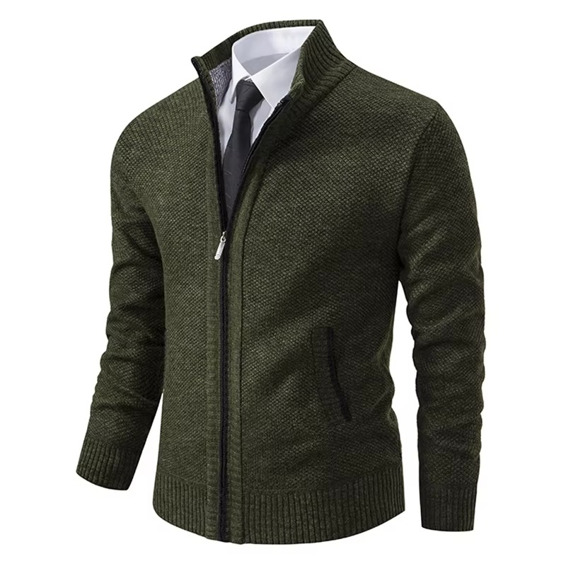 Men's fleece-lined stand collar zip cardigan warm casual jacket in neutral fall winter tones