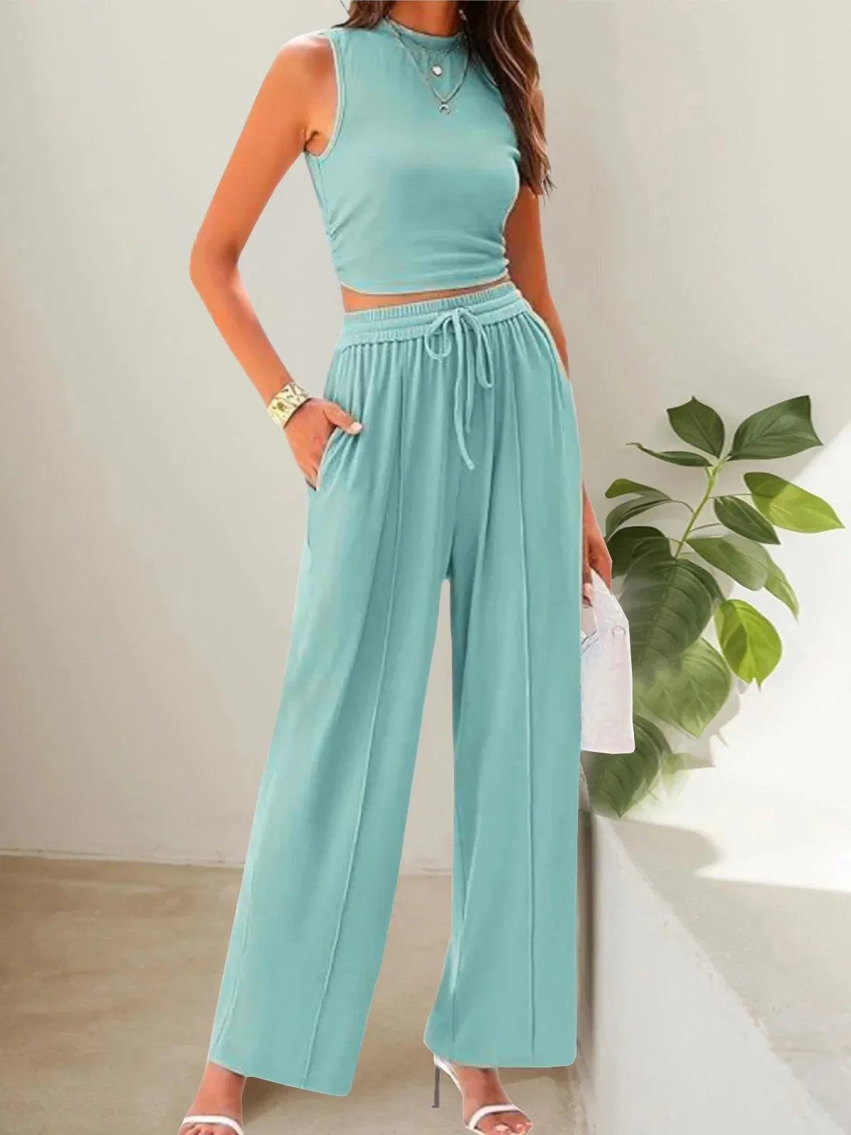 Lena summer two-piece pants set in relaxed-fit sleeveless top and trousers, lightweight polyester