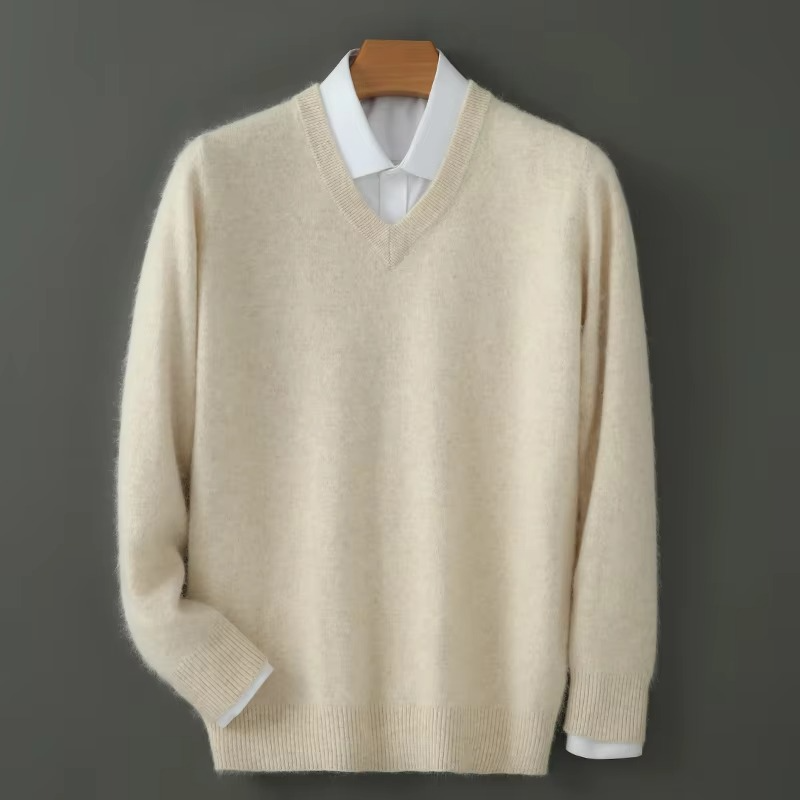 Men's cashmere blend V-neck pullover sweater, loose fit knit, lightweight warmth for plus size