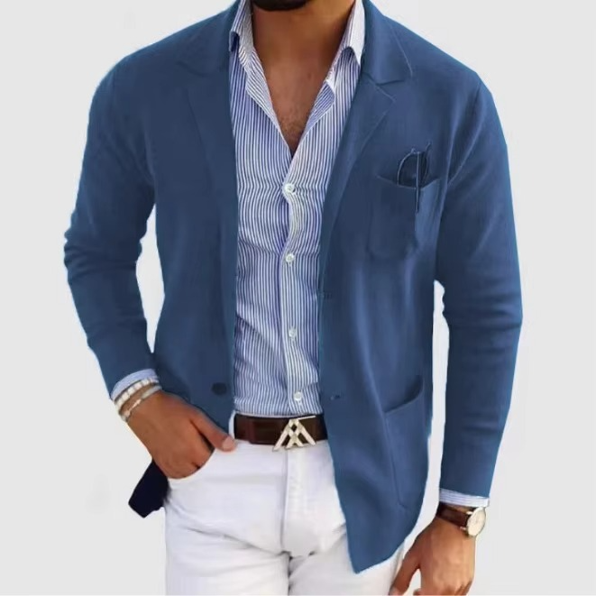 Men's solid color knitted cardigan coat, turn-down collar, multiple pockets, relaxed minimalist fit