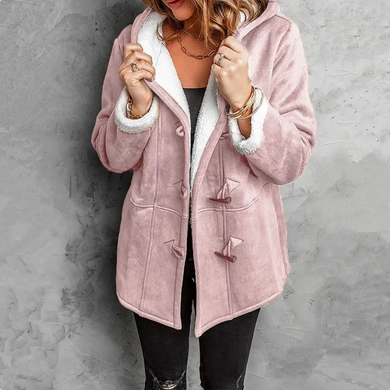Clovain hooded fleece coat with toggle closures, warm winter style in neutral tone