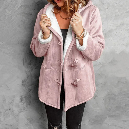 Clovain hooded fleece coat with toggle closures, warm winter style in neutral tone