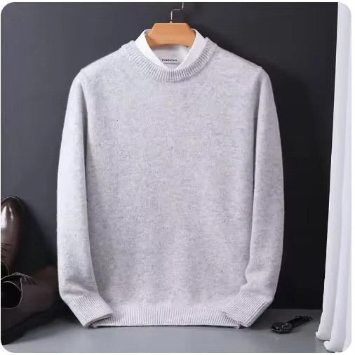 Navy cashmere blend O-neck men's knit pullover sweater with slim refined cut for soft warmth
