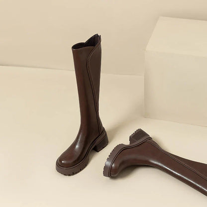 Women's knee-high brown comfort leather boots with premium upper and all-day comfort support