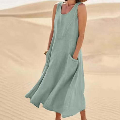 Women's beige cotton linen sleeveless maxi sundress, loose fit with functional side pockets