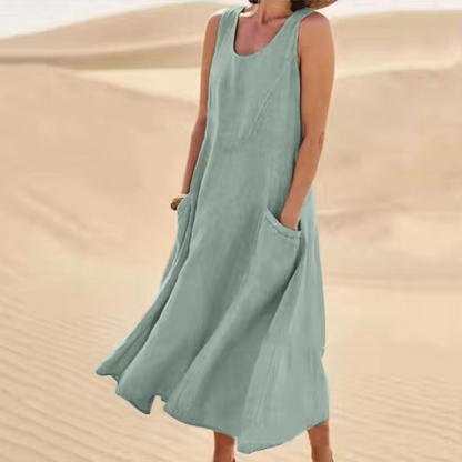 Women's beige cotton linen sleeveless maxi sundress, loose fit with functional side pockets