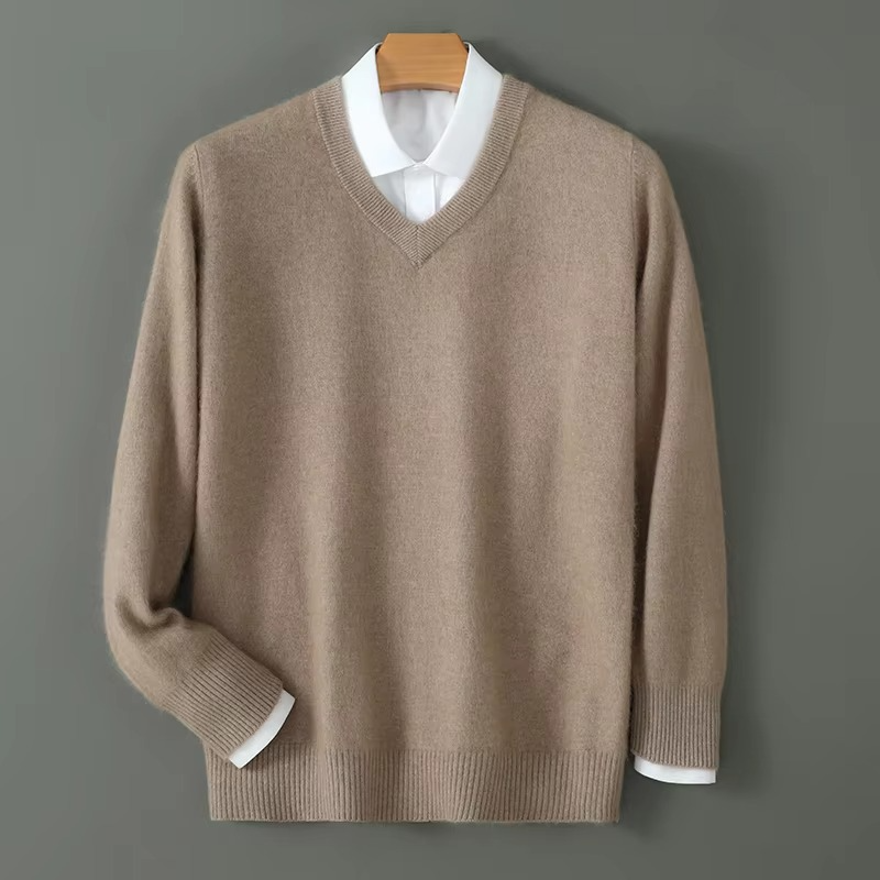 Men's cashmere blend V-neck knit pullover, loose fit, warm neutral tone, lightweight plus size sweater